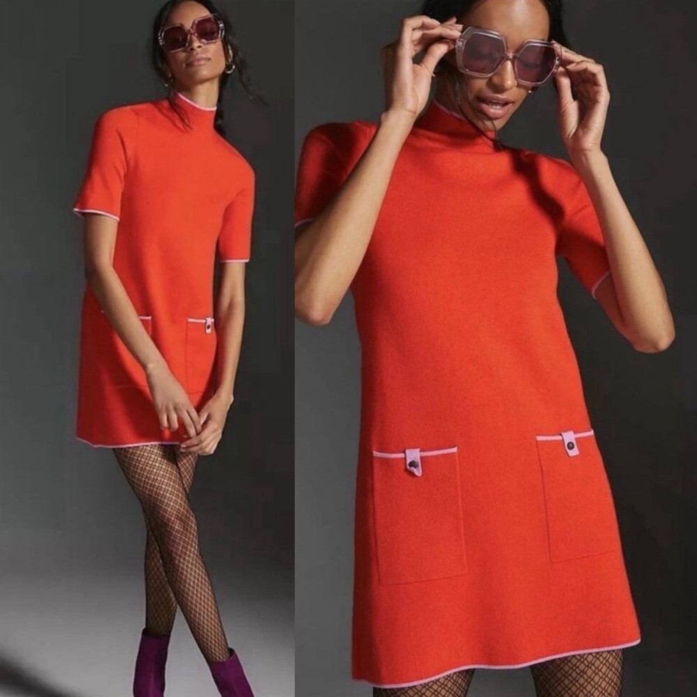 Anthropologie Maeve Annalise Mock Neck Sweater Short Sleeve Mini Dress Shift Red